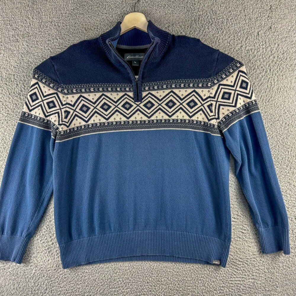 Eddie Bauer‎ Sweater Mens Large Blue Nordic Winter Outdoor Colorful Festive Ski